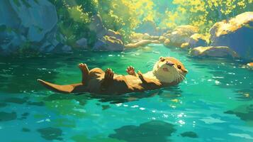 Playful otter floating serenely in a sunlit river surrounded by lush greenery and rocks photo