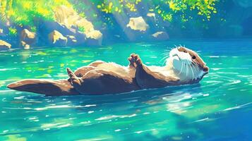 Playful otter floats on its back in a serene, sunlit river surrounded by lush greenery photo