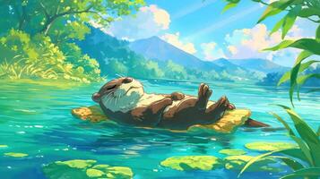 Relaxing otter floating on a lily pad in a serene lake surrounded by vibrant nature photo