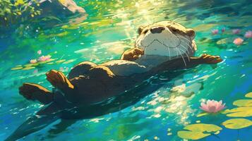 A serene otter floating on its back in a tranquil pond surrounded by blooming water lilies photo