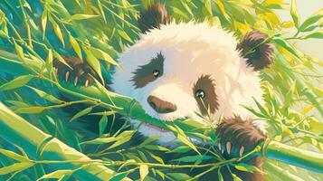 Playful panda munching on bamboo in a lush green forest, surrounded by vibrant foliage photo