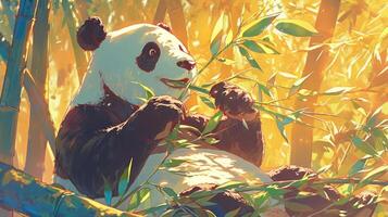 A playful panda munching on bamboo in a vibrant, sunlit forest filled with greenery photo