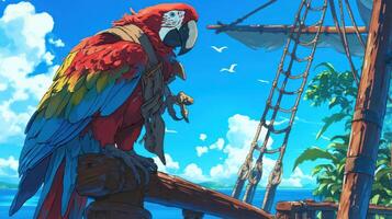 Vibrant parrot perched on a ship's railing against a stunning tropical seascape backdrop photo