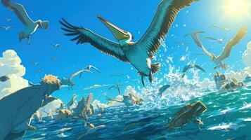 A majestic pelican soaring above a vibrant ocean scene with various seabirds and splashing waves photo