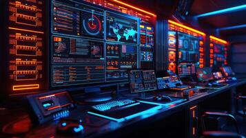 High-tech control room filled with glowing screens displaying data and maps, showcasing advanced monitoring photo
