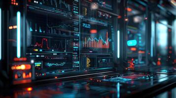 Futuristic control room with glowing screens displaying data and analytics, showcasing technology photo