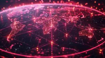 Abstract digital world map illuminated with red lines and nodes, showcasing global connectivity photo