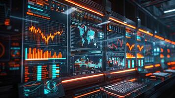High-tech control room displaying vibrant data visualizations and global maps, showcasing analytics photo