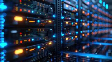 High-tech data center with illuminated server racks showcasing advanced technology and connectivity photo