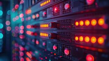 Close-up of illuminated server racks in a data center with vibrant LED indicators and blurred background photo
