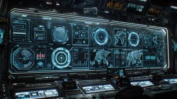 Futuristic control room with digital displays, monitoring global data and analytics in action photo