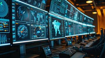 Advanced data analysis in a modern control room with multiple screens displaying global statistics photo