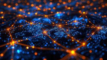 Abstract digital network visualization with glowing nodes and connections in a dark background photo