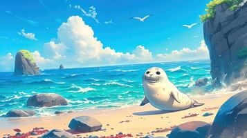 A playful seal lounging on a sandy beach with vibrant waves and distant rocky formations photo