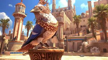 A vibrant bird statue adorned in ancient attire, set against a grand architectural backdrop with palm trees photo