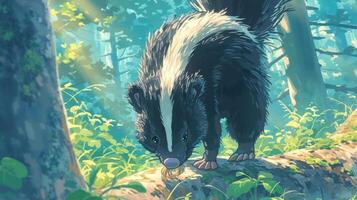 A skunk exploring a sunlit forest, surrounded by lush greenery and dappled sunlight photo