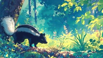 A skunk foraging for food in a vibrant forest, surrounded by lush greenery and colorful flowers photo