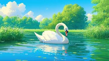 Serene swan gliding through tranquil waters surrounded by lush greenery and bright sky photo