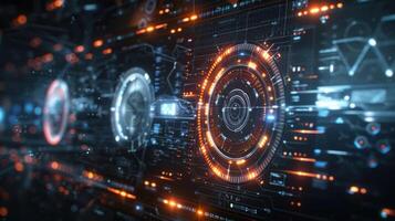 Futuristic digital interface with glowing elements and data visualization in a tech environment photo