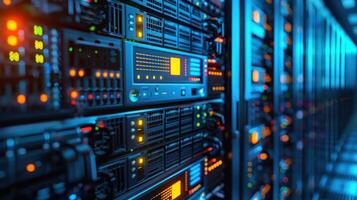 Close-up view of a modern data center with illuminated servers and network equipment photo