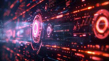 Futuristic digital interface displaying data analytics and visualizations in a high-tech environment photo