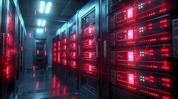 Futuristic data center with glowing red lights illuminating server racks in a high-tech environment photo