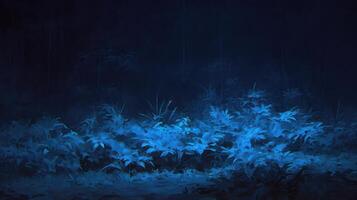 Ethereal blue foliage illuminated in a dark forest setting, creating a serene atmosphere photo