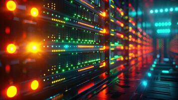 Vibrant data center with illuminated server racks showcasing technology and connectivity photo