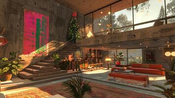 Cozy modern living room decorated for the holidays with festive tree and vibrant art photo