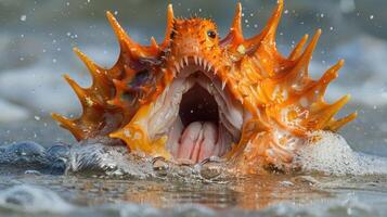Vibrant orange sea creature with spiky shell emerging from the ocean waves, showcasing its unique anatomy photo