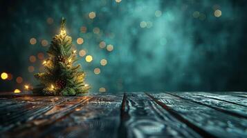 Cozy Christmas scene featuring a decorated tree with lights on a wooden table and blurred background photo
