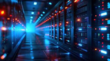 Modern data center with illuminated server racks creating a futuristic atmosphere photo