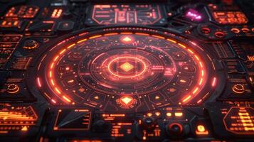 Futuristic digital interface showcasing intricate glowing patterns and controls in a sci-fi setting photo