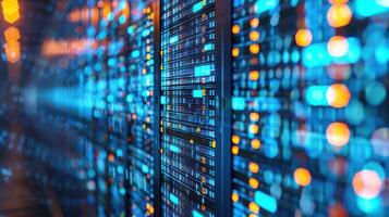 Abstract representation of data storage technology with illuminated panels and vibrant colors photo