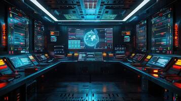 Futuristic control room with glowing screens, holographic globe, and advanced technology setup photo