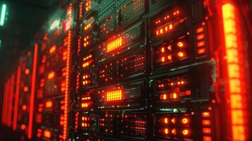 Futuristic data center with glowing red lights and intricate server technology in action photo