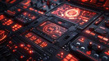 Futuristic control panel with glowing red interfaces and intricate technology design photo
