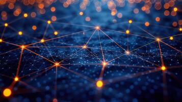 Abstract depiction of interconnected glowing nodes on a dark blue background, representing digital networks photo