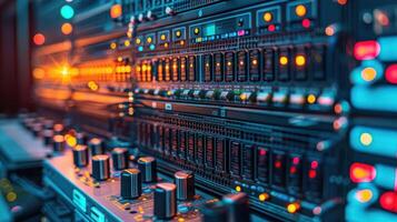 Close-up of illuminated audio equipment with knobs and lights in a vibrant studio setting photo