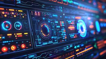 Futuristic digital interface displaying data analytics and monitoring systems in a vibrant setting photo
