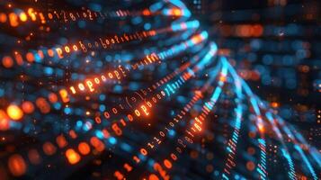 Abstract digital background with flowing binary code and glowing particles in motion photo