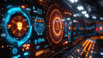 Futuristic control panel displaying various data metrics and alerts in a high-tech environment photo