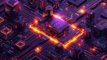 Futuristic cityscape with glowing circuit patterns and a central processing unit at night photo