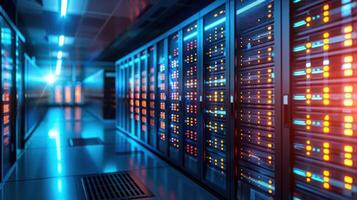 Futuristic server room with illuminated data racks and blue lighting, showcasing technology in action photo