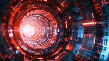 Abstract futuristic tunnel with glowing red lights and intricate digital patterns, symbolizing technology photo