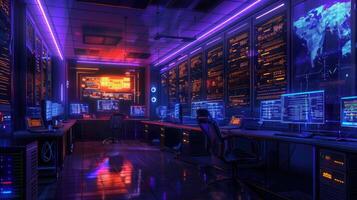 High-tech control room with glowing screens, data analysis in progress, futuristic atmosphere photo