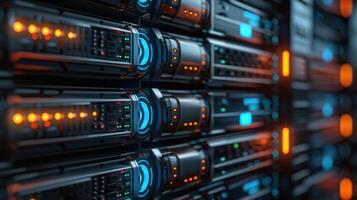 Close-up view of illuminated server racks showcasing technology in a data center environment photo