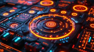 Futuristic control panel with glowing elements and intricate circuitry in a high-tech setting photo