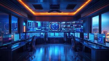 Futuristic control room at night with multiple screens displaying data and city skyline views photo