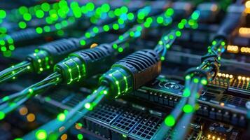 Close-up of illuminated green data cables connected to a server, showcasing technology in action photo